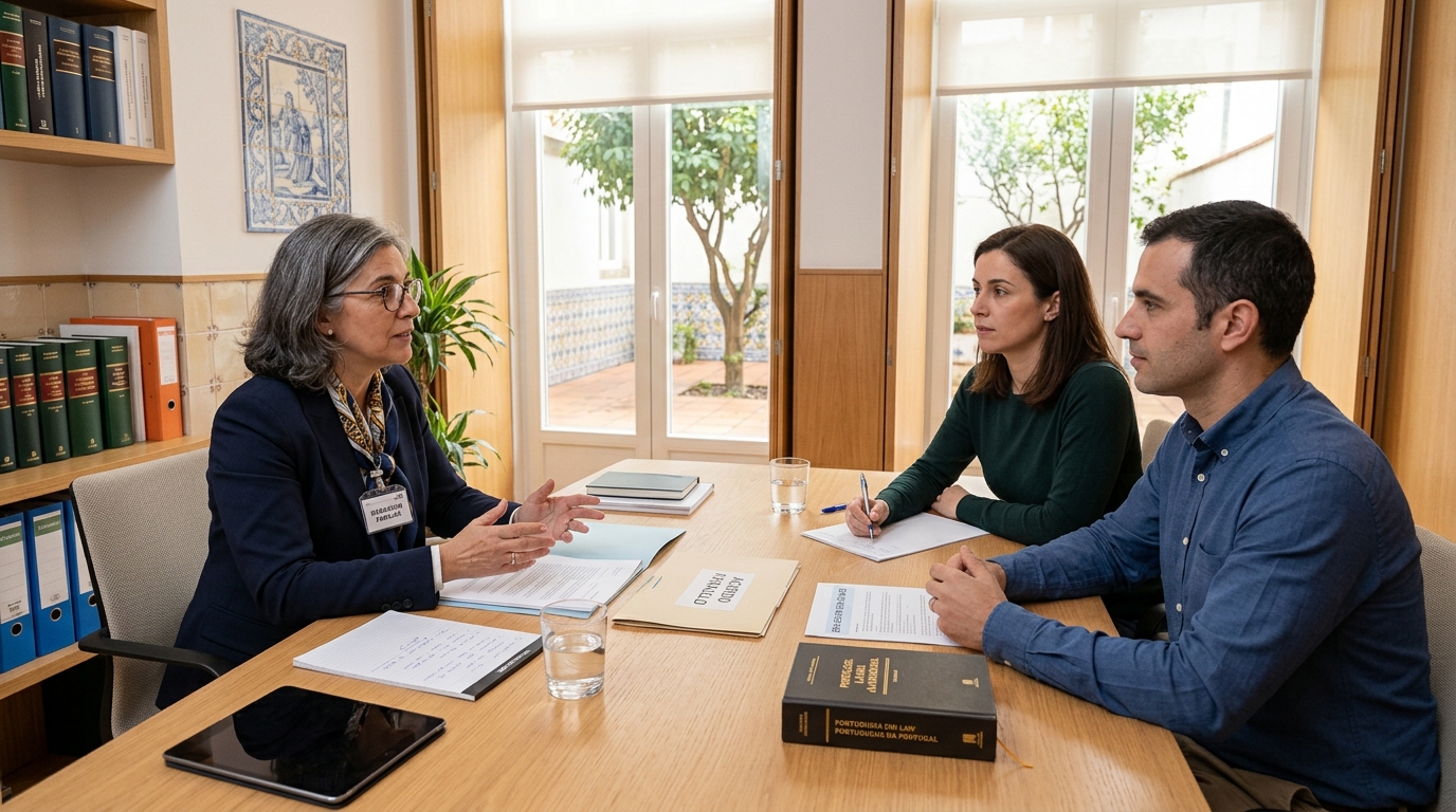 Sessão de mediação familiar pública com mediadora credenciada e progenitores em diálogo construtivo para alcançar um acordo amigável