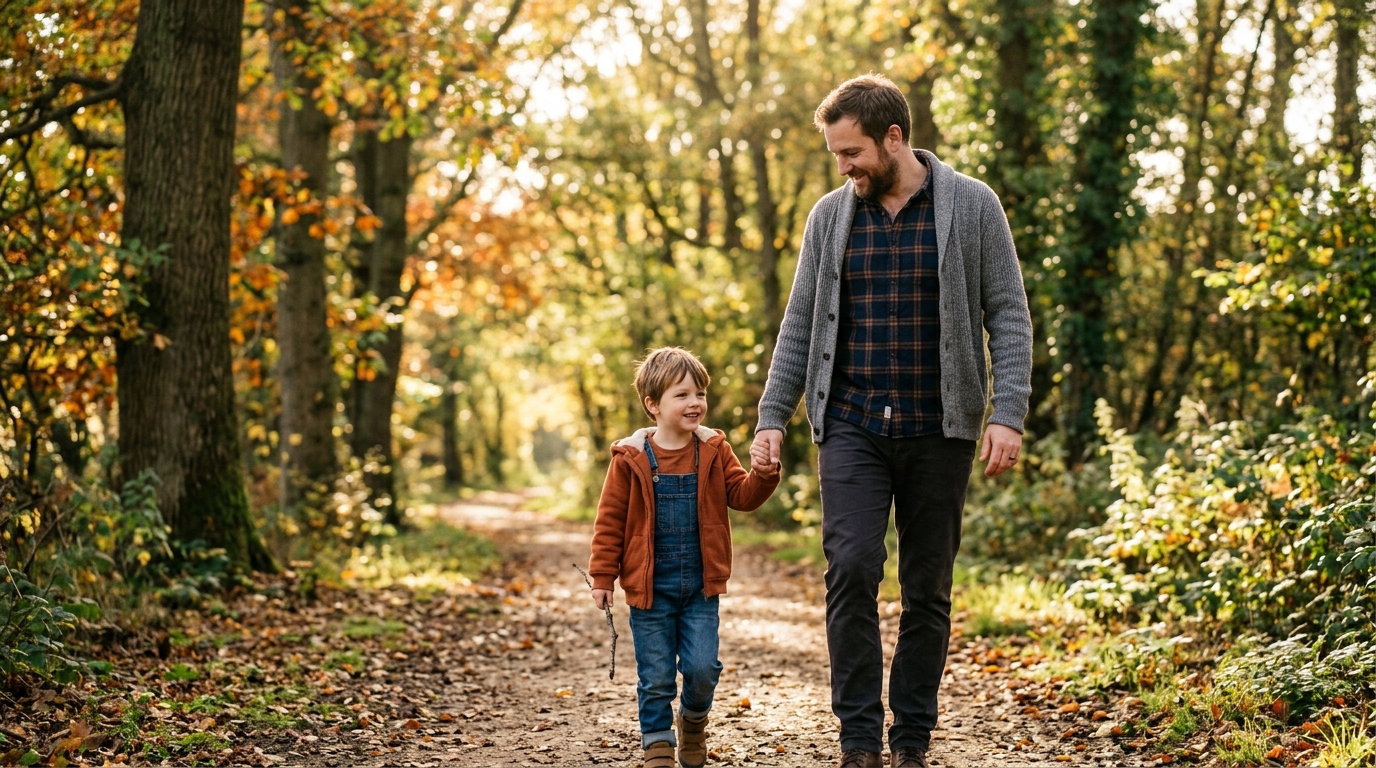 Fotografia realista: pai a caminhar de mão dada com o seu filho num trilho soalheiro na natureza, transmitindo segurança e presença protetora
