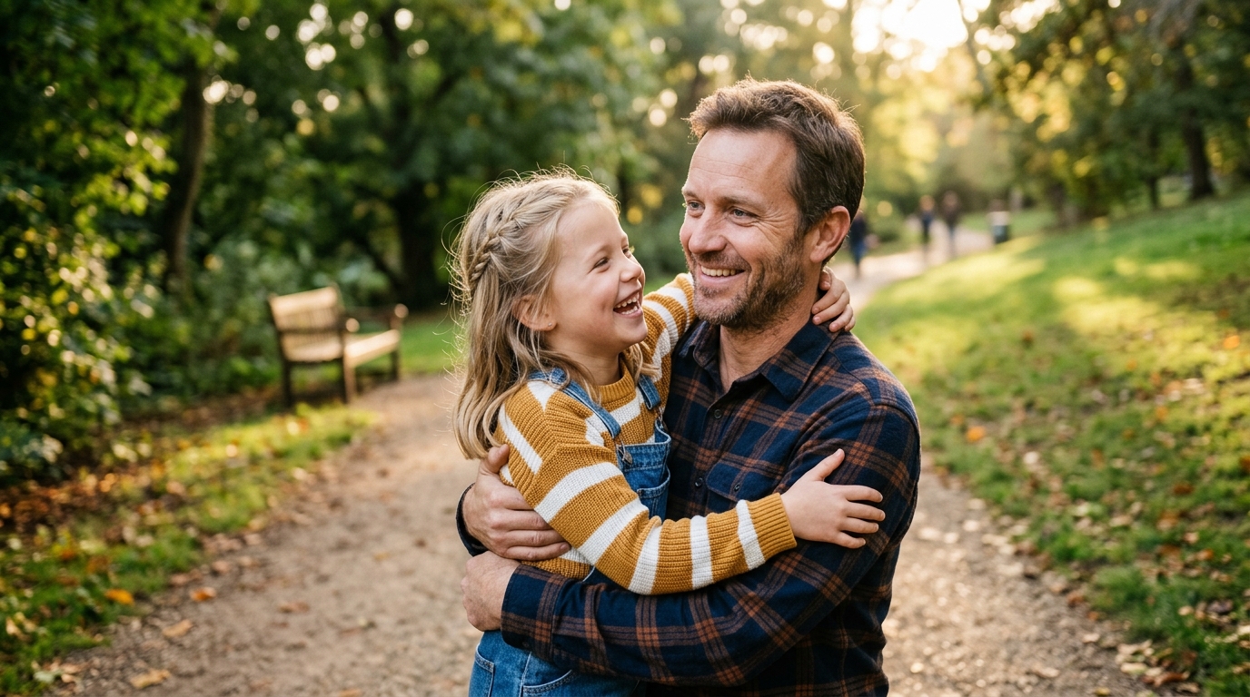 Fotografia realista: um pai afetuoso e a sua filha sorridente abraçados num parque soalheiro, simbolizando o amor e a cumplicidade natural entre pais e filhos