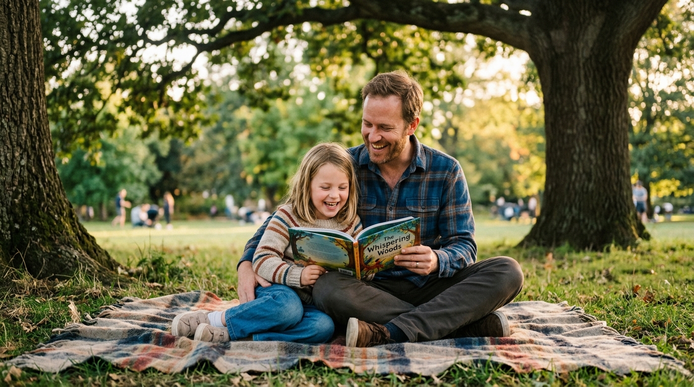 Fotografia realista: pai e filha a ler e a conversar tranquilamente juntos